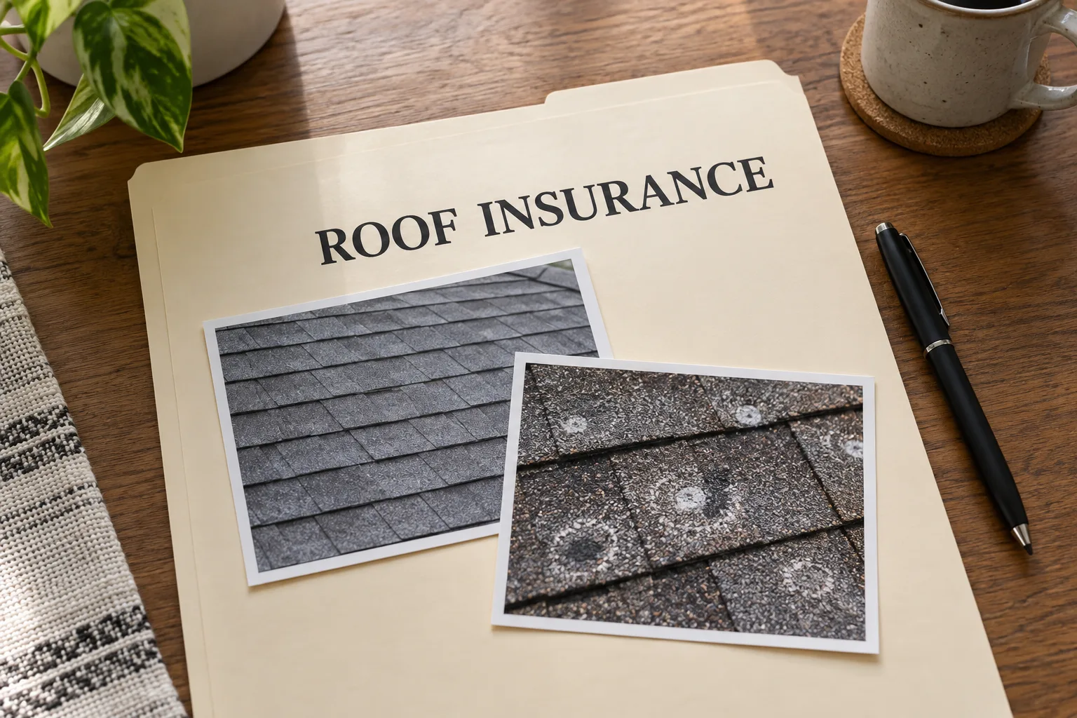 Illustrative roof insurance folder with shingle photographs and a pen on a wooden desk