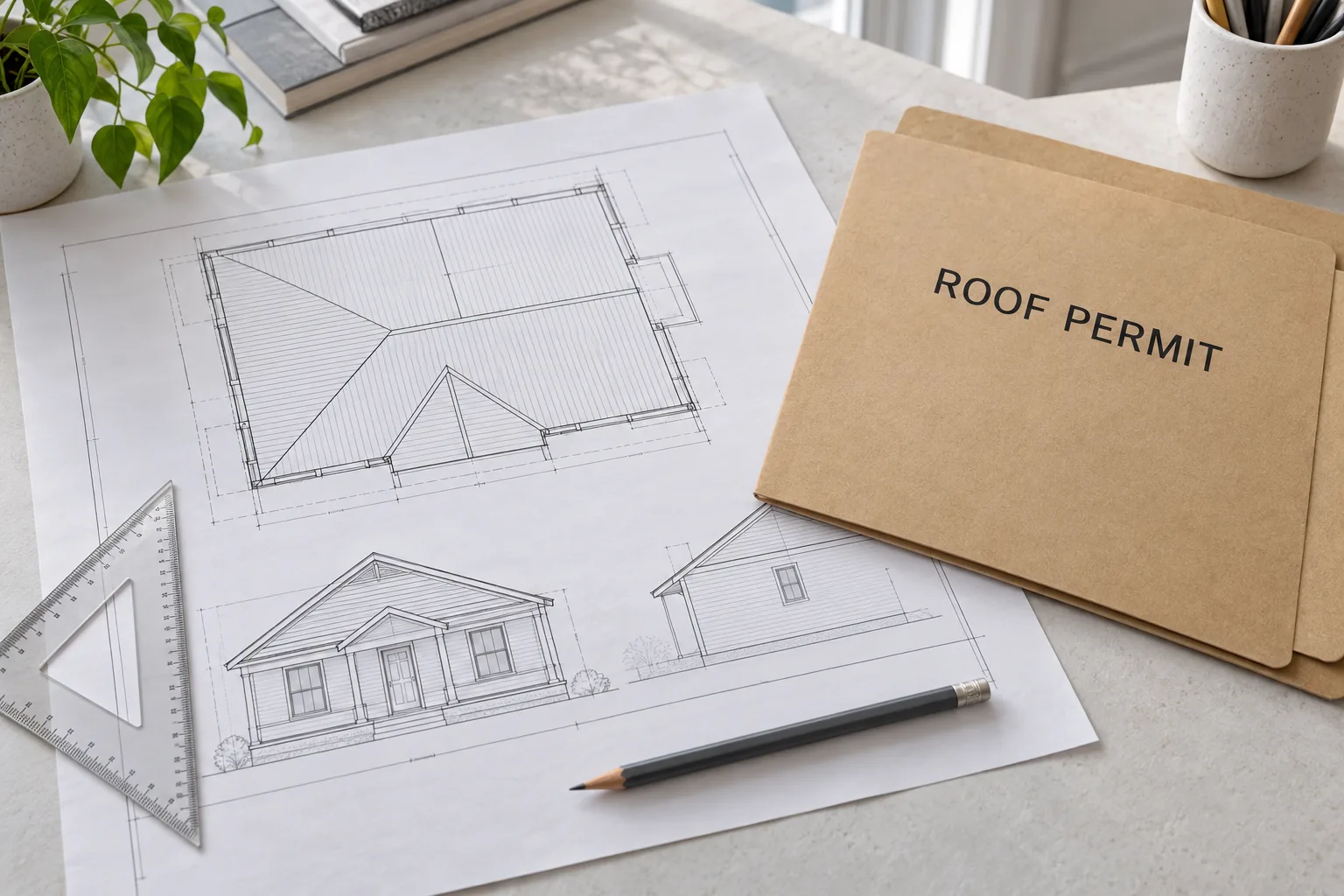 Illustrative roof permit folder with house roof plans, a ruler and pencil
