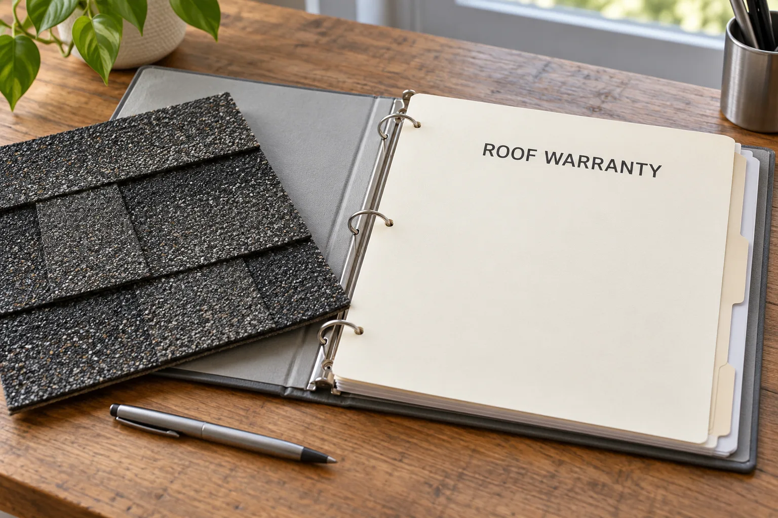 Illustrative roof warranty binder beside an asphalt shingle sample
